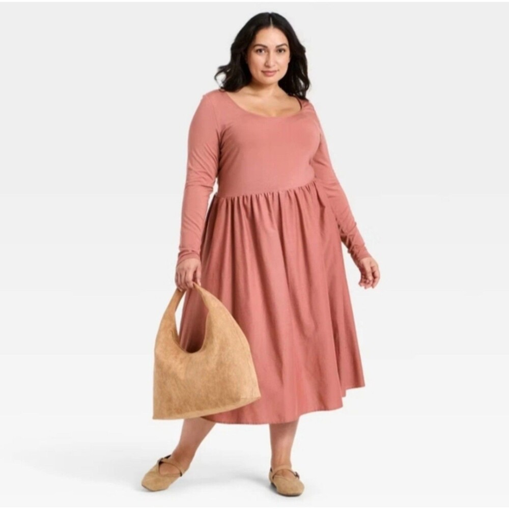 Women's Ava & Viv Long Sleeve Knit Midi A-Line Dress Mauve 2X